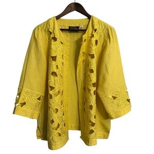Bob Mackie open jacket women's 1X yellow linen beachy coastal cut out artsy